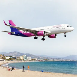 pencil sketch of a wizzair airbusa 3 2 1 neo landing at skiathos airport, low over the heads of the people on the beach