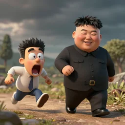 kim jong un doll being chased by screaming bob ross doll octane render