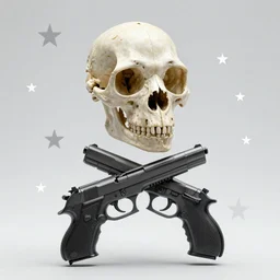a humanoid chimp skull hovering over a star pattern, 2 handguns are crossing in the middle of the picture ultra detailed, fine line pen drawing on parchment, symmetrical, stylish