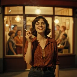 standing portrait of ecstatic aubrey plaza looking into the camera standing smoking a cigarette, warm street lights store front, 1 9 6 0 s technicolor, intricate, moody, personal, highly detailed, short focus depth, donato giancola, joseph christian leyendecker, frank frazetta, alex horley, ralph horsley, michael whelan, 2 0 0 mm focal length