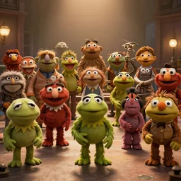 wide view long cinematic shot, various characters from the muppets, as funko pop, warm lighting, photorealistic, realistic, detailed, wimmelbilder, unreal engine 5, octane render, 2 4 mm, 8 k