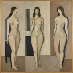 A modern abstract painting in the style of HILDEGARDE HANDSAEME, depicting three women figures in three different rooms doing different poses, modern earthy neutral earthy, interesting geometry, in the style of HILDEGARDE HANDSAEME