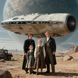 highly detailed, 513435456k film, 1075200mm film still from a sci fi blockbuster color movie made in 2019, set in 1860, of a family standing in front of a spaceship that has just landed on an alien planet, the family are all wearing 1860s era clothes, good lighting, good photography, ultra high definition