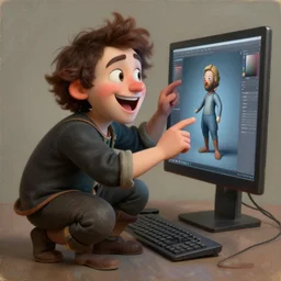 a 3d artist happy, crouched and enthusiastic looking at the a computer screen with 3d character, oil on canvas, renaissance
