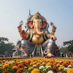 beautiful futuristic new delhi, sharp technopunk ganesha!! building, kalighat flowers, highly detailed, stephen shore & john j. park, cinematic morning light, wide shot, ground angle, uhd 8 k, sharp focus