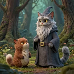 old wizard cat and his forest furry creature matte painting, 3 d highly detailed, in the style of mark ryden