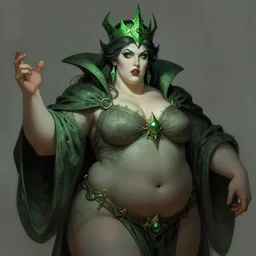mighty plump female necromancer sorceress, green tiara, strong line, muted color, beautiful! coherent! by frank frazetta, by brom