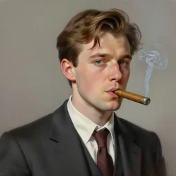 Portrait of Young Hugo Weaving by Greg Rutkowski in a suit smoking a cigar, Realistic Painting, very detailed, digital painting, trending on artstation, concept art, smooth, artstation HQ