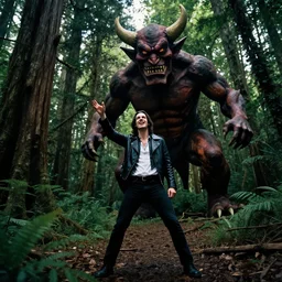 a photo of an exuberant nick cave finding a giant devil in the deep forest