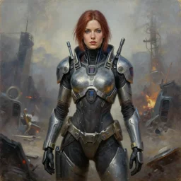 portrait of a woman in cyberpunk armor in the middle of a battlefield. by Daniel F. Gerhartz, hyperrealistic oil painting, 4k, studio lightning