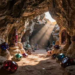 mystical cave full of rare colorful garnets carved on rock, under a sun indirect light, drammatic light, volumetric light, sunset enviroment, shadow effect, surrealism, beautiful, trending on artstation, best photography, full of details 8 k, high quality, wide view