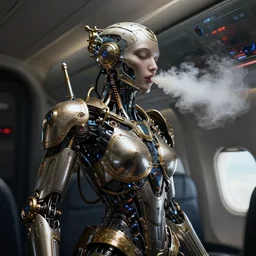 vaping on an airplane, cybernetics, low contrast, cinematic dramatic lighting, hyper realistic detailed intricate render, hypermaximalist, ornate, epic composition, 4 k 8 k, cryengine octane blender, sharp focus, concept art, masterpiece