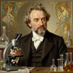 an ultradetailed portrait of robin williams dressed as louis pastuer, science experiments in a workshop, flasks and microscopes, intricate, elegant, highly detailed, digital painting, matte, sharp focus, illustration, art by john collier and albert aublet and krenz cushart and artem demura and alphonse mucha