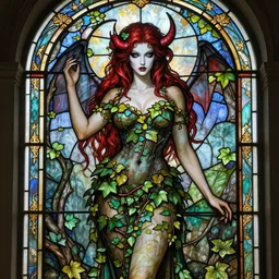 a beautiful and detailed stained glass window of an amazing succubus dressed as poison ivy, fantasy, d & d, dark eyeliner, intricate, elegant, highly detailed, digital painting, artstation, concept art, matte, sharp focus, illustration, art by greg rutkowski and alphonse mucha