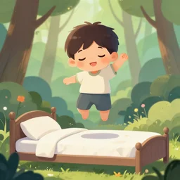 a beautiful illustration of a sleepy little cute boy jumping on his bed in a beautiful forest, highly detailed face, digital art
