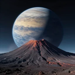 A large, volcanic planet with shadows coming out of it
