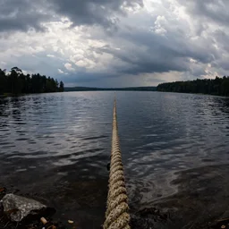 centered photograph rope of a single thick long rope floating across the surface of the water into the distance, rope floating submerged rope stretching out towards the center of the lake, a dark lake on a cloudy day, color film, tiny rock shore foreground and trees in the background, hyper - detailed photo, anamorphic lens