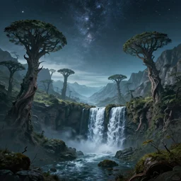 gediminas pranckevicius an alien landscape view, alien sky, star in the sky, alien waterfall, weird alien trees, alien mountains, epic composition, 4 k, detailed, realistic