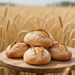 5 5 mm photo of a pile of freshly baked bread on a wooden table in a magical wheat field. dof. bokeh. magical atmosphere. art by greg rutkowski. highly detailed 8 k. intricate. lifelike. soft light. nikon d 8 5 0.