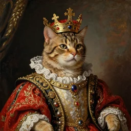 A renaissance oil painting of a cat king with his crown and in his royal robe. Extremely detailed. Vibrant bright colours. High saturation. Extremely moody lighting. Atmospheric. Cinematic. Intricate. 8K. Stunning.