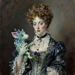 oilpainting 3 / 4 portrait bizzare victorian lady with her magic pet creature in style of michael hussar and rene lalique porcelain realistic and detailed sharp center focus dark 8 k