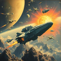 a painting by john harris, barlowe wayne, maxfield parrish, gustave dore and marco mazzoni. on the edge of the solar system, various space civilizations's space ship are fighting fiercely. hyper detailed.