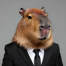 highly detailed closeup portrait of an anthropomorphic square headed capybara!, black formal suit by atey ghailan, by greg rutkowski, by greg tocchini, by james gilleard, by joe fenton, by kaethe butcher, gradient orange, black and white color scheme, grunge aesthetic!!! ( ( graffiti tag wall background ) )