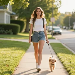 An attractive young woman walking her small dog on the sidewalk in the suburbs. Mid afternoon. Summer.