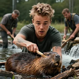 hyperrealistic dslr film still of justin bieber constructing beaver dam, stunning 8 k octane comprehensive 3 d render, inspired by istvan sandorfi & greg rutkowski & unreal engine, perfect facial symmetry, dim volumetric cinematic lighting, extremely hyper - detailed, incredibly real lifelike attributes & flesh texture, intricate, masterpiece, artstation, stunning