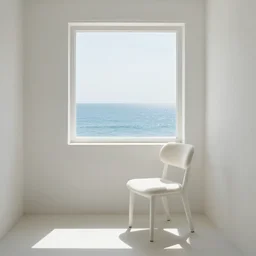 a chair in a white room in vanice, there is a window to the sea