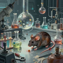 mouse performing a chemistry experiment, in a cluttered lab, lots of beakers, illustration, cyberpunk, sci - fi fantasy, intricate, elegant, highly detailed, digital painting, artstation, concept art