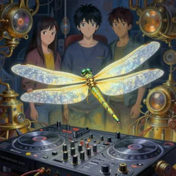 surreal gouache painting, by yoshitaka amano, by ruan jia, by conrad roset, by good smile company, detailed anime 3d render of a Giant glowing dragonfly on a DJ mixer, portrait, cgsociety, artstation, rococo mechanical and eletronic, dieselpunk atmosphere