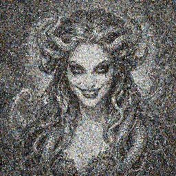 medusa portrait painting, black and white,, wicked smile, artstation, detailed, blurred background