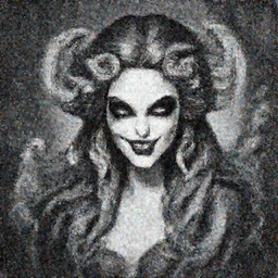 medusa portrait painting, black and white,, wicked smile, artstation, detailed, blurred background