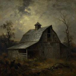 turner, j. m. w grunge gothic oil landscape painting of a haunted barn