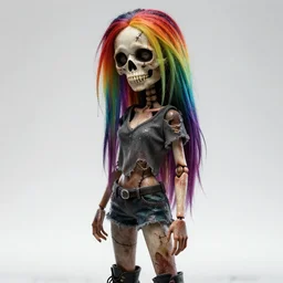 a grungy skull woman with rainbow hair, stitched together, soft eyes and narrow chin, dainty figure, long hair straight down, torn v plunge shirt, short shorts, combat boots, basic white background, side boob, wet tshirt, wet, raining, dim volumetric lighting, 8 k octane beautifully detailed render, post - processing, portrait, extremely hyper - detailed, intricate, epic composition, cinematic lighting, masterpiece, trending on artstation, very very detailed, masterpiece, stunning,