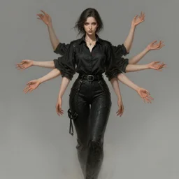 a woman with 4 arms, wearing a black shirt and black pants, intricate details, highly detailed, digital art, fantasy, mystical, digital painting, illustration, elegant
