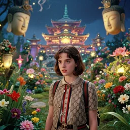 , movie still by wes anderson of a beautiful girl wearing gucci exploring a magical japanese garden of flowers, glowing temple in the distance, floating deity heads, magic details, cinestill 8 0 0 t eastmancolor technicolor, high quality, very detailed, heavy grain, fine facial features, 8 k, octane render