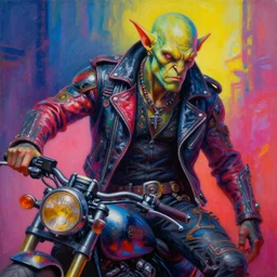 highly detailed oil painting of an apocalyptic scifi orcish biker by michael whelan, vibrant psychedelic colors, futuristic punk rock fashion, standing dynamic pose, perfect face, 8 k realistic, detailed eyes, leather jacket