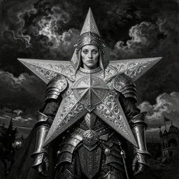 By Tom Bagshaw, ultra realist soft painting of curiosities carnival by night, very beautiful single outlaw star in armor, symmetry accurate features, very intricate details, ominous sky, black and white, volumetric light clouds