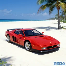 SEGA outrun 1986, photorealistic Ferrari Testarossa, racing next to a beautiful white sand beach with palm trees