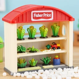 fisher price garage with carnivorous plants on the shelves and packing peanuts on the floor, scene from tv show hyper detailed 5 5 mm 8 5 mm, toy photography, made out of plastic