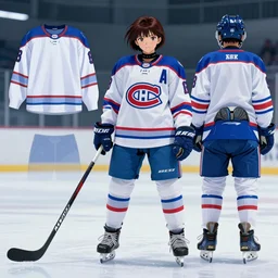 female akira anime cyberpunk super star ice hockey player, wearing a light futuristic habs jersey, blue white and red color blocking, character concept exploration, outfit designs, trending on artstation, photorealistic, 8k