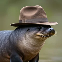 a real platypus wearing a brown fedora, side view, national geographic photo, 4k