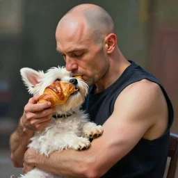 bald french man hugging a small white dog while eating a croissant, fantasy, high detail, elegant, digital painting, cinematic lighting, vibrant, intricate, textured skin, highly detailed, artstation, sharp, focus, hdr, unreal engine 5, breathtaking, illustration, anna dittmann, ilya kuvshinov, nikolay makovsky