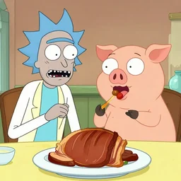 rick sanchez and porky pig eating a brisket, cartoon, cell animation, highly detailed