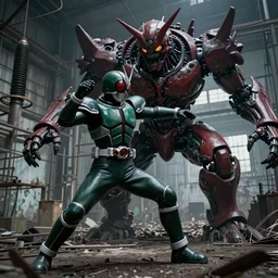 Kamen Rider in dark green color arthurian knight inspired armor fighting a dark red giant biomechanical monster in an abandoned electrical plant, action scene, fight scene, rubber undersuit, moody colors, 4k, glowing eyes in helmet, industrial environment, horror movie cinematography, electrical plant location, hyper realistic