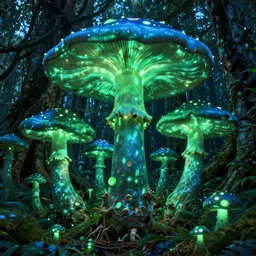 giant mushroom forest, glowing green and blue, glowing eyes, tendrils