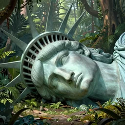 giant statue of libertys head . head is lying sideways on the ground. the mystic jungle.by frazetta