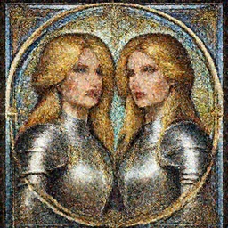 head-on symmetrical centered painted portrait, Mais Hamdan and Elisha Cuthbert as a paladin, blonde hair, ornate iron armour, stained glass, art nouveau, tarot card style, fantasy, intricate, elegant, highly detailed, smooth, sharp focus, illustration, artstation, in the style of Artgerm and Anna Podedworna and Alex Ross and Mucha